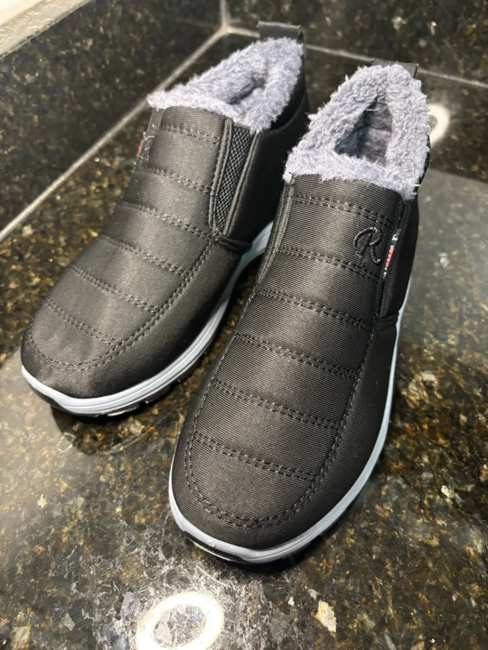 New Black Slip-On Waterproof Winter Sneakers with Gray Faux Fur Lining Size 37